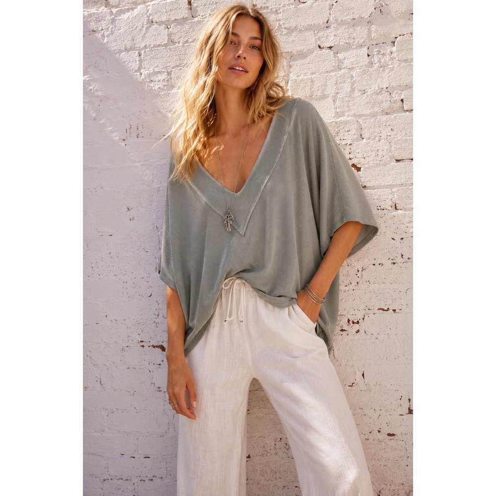 BKE Sage Green Rayon Waffle Knit V-Neck Dolman Top Boho XL